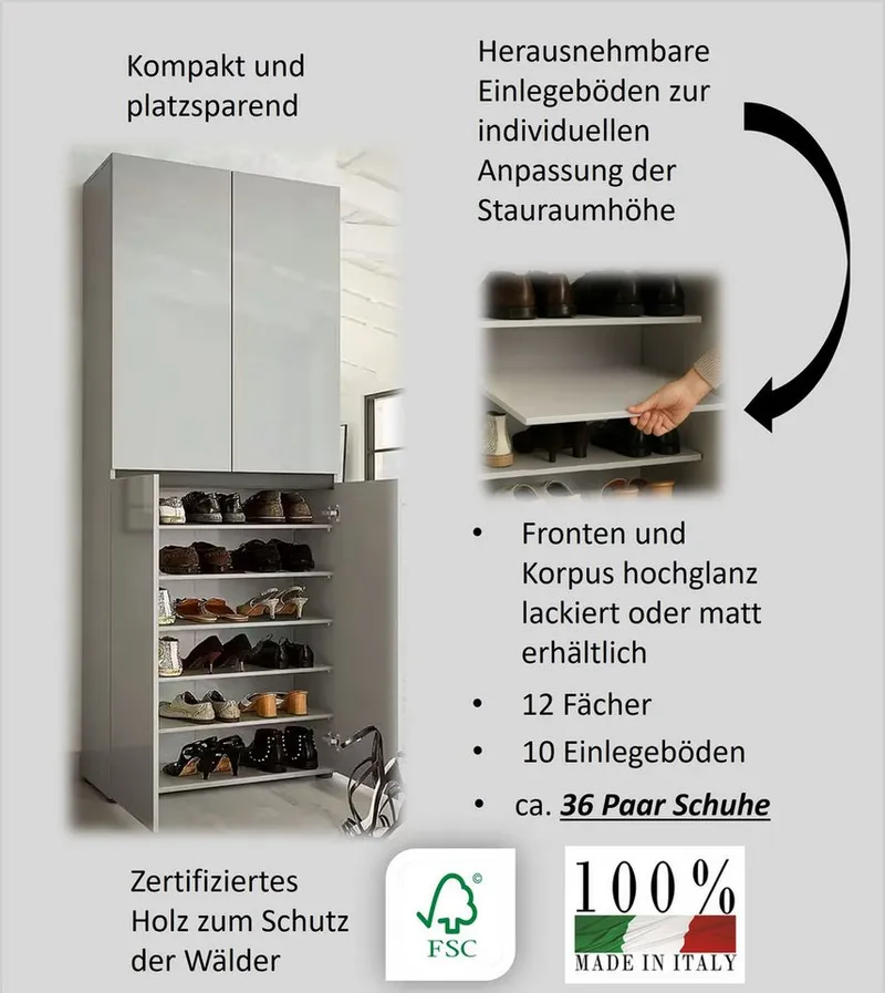 Home affaire Schuhschrank MISTER- Schuhregal, Made in Italy, 12 Fächer, 10 Einlegeböden (80x34x200 cm) Hochglanz lackiert, 4 Türen & mit Platz für ca. 36 paar Schuhe, Weiß, – Produktbild 1 von 5