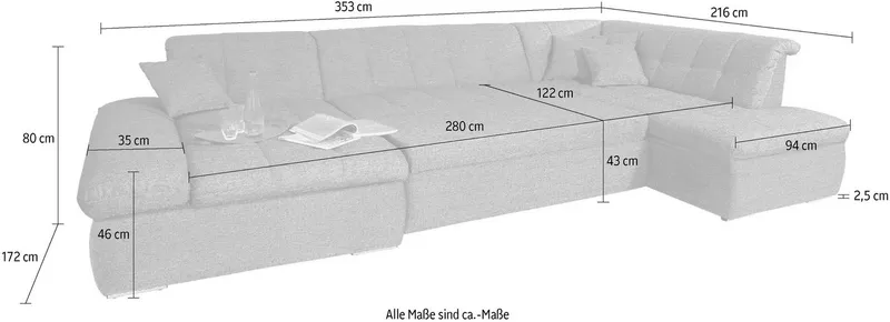DOMO collection Wohnlandschaft NMORIC im XXL-Format, 353x216x80 cm, inkl. Zierkissen U-Form, wahlweise mit Bettfunktion und Armlehnenverstellung, Braun, – Produktbild 5 von 8