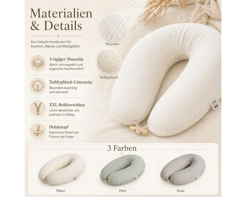 SEI Design Stillkissen Musselin GOTS & Teddyplüsch, Faserbällchen, IGR, Natur, 190x35, Schwangerschaftskissen mit Bezug, 1-tlg., Schwangerschaftskissen mit Bezug, Bezug Musselin Baumwolle, Beige, – Produktbild 5 von 5