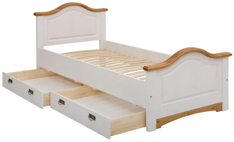 OTTO home Massivholzbett Konrad, Stauraumbett, Messinggriffe, rustikaler Landhausstil, mit FSC®-zertifiziertem Massivholz, Liegehöhe 40 cm, Weiß, – Produktbild 5 von 5