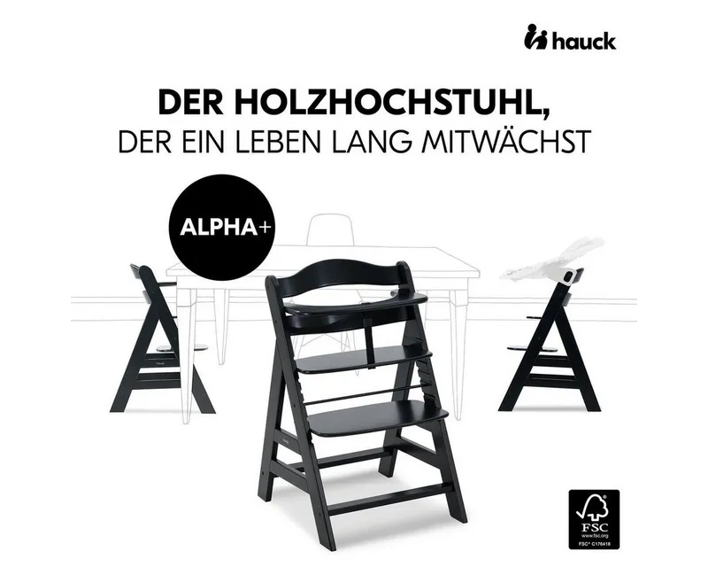 Hauck Hauck Tischsitz Alpha Plus - Black, Mitwachsender Holz Babystuhl Kinderhochstuhl mit Gurt FSC zertifiziert, Schwarz, – Produktbild 2 von 5