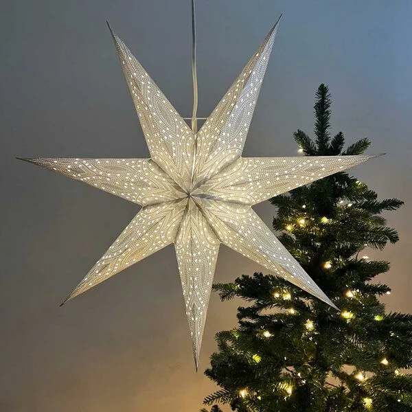 MoreThanHip MoreThanHip Weihnachtsstern aus Papier Ø60 cm inkl. Beleuchtungskabel - Nova, Silber mit silbernem glitter, – Produktbild 1 von 4
