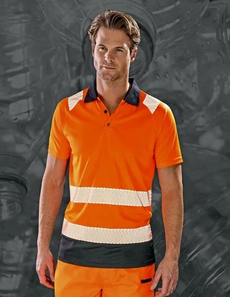 Result Genuine Recycled Result Genuine Recycled Safety Workwear Hi Viz Polo Shirt Berufsbekleidung Atmungsaktiv Reflektierend, Fluorescent orange/schwarz, – Produktbild 1 von 3