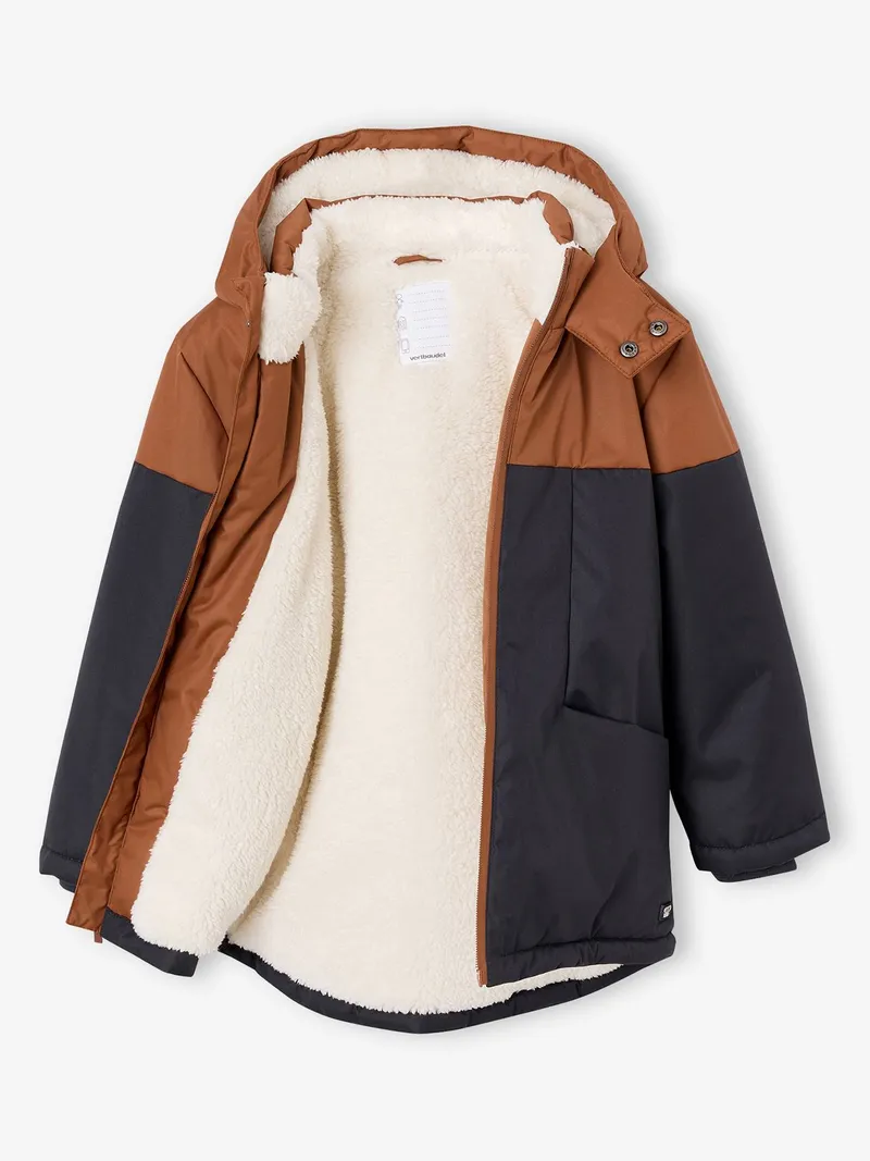 Vertbaudet Vertbaudet Jungen Winterjacke in Colorblock mit Teddyfleece-Futter, Hellbraun, – Produktbild 2 von 4