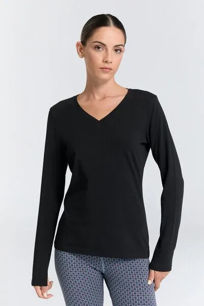 Leela Cotton Leela Cotton Damen V-Neck Langarmshirt, Schwarz, – Produktbild 2 von 5