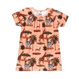 Walkiddy Kinder Tunika GOTS zertifiziert – 95% Bio-Baumwolle, Orange mit Savannenmotiv, 5% Elasthan, Kurzarm, weich | Walkiddy – Produktbild 1 von 1