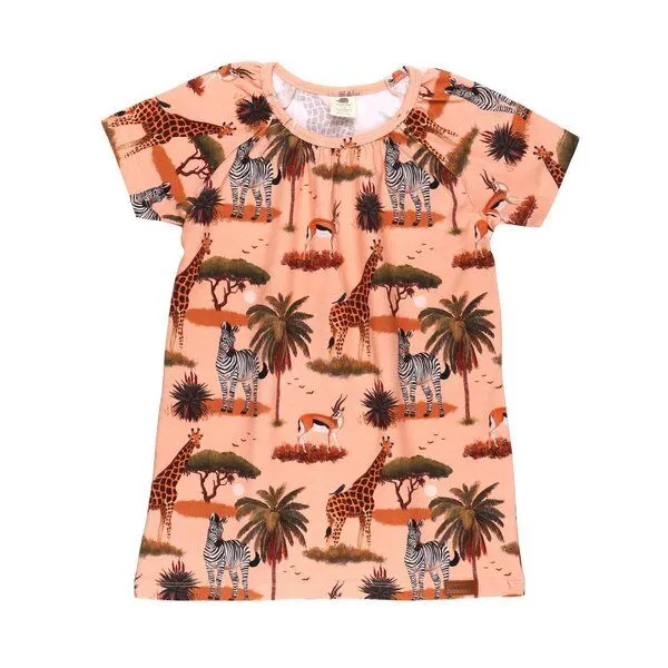 Walkiddy Kinder Tunika GOTS zertifiziert – 95% Bio-Baumwolle, Orange mit Savannenmotiv, 5% Elasthan, Kurzarm, weich | Walkiddy, Orange, – Produktbild 1 von 2