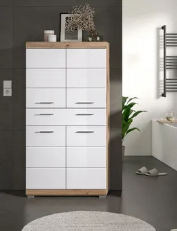 Inn.Furn Midischrank Willow (Badschrank in weiß Hochglanz und Eiche Dekor, 4-türig, 74 x 141 cm) mit großer Schublade und viel Stauraum – Produktbild 1 von 1