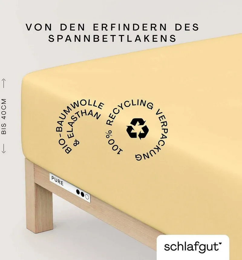 Schlafgut Schlafgut Spannbettlaken PURE BOXSPRING Bio-Baumwolle mit Elasthan, 170 g/m², Bettlaken, Jersey-Elasthan, Gummizug: rundum, (1 Stück), PREMIUM Boxspringbett Laken bis 40 cm Höhe, dehnbar blickdicht, straff, Gelb, – Produktbild 2 von 5