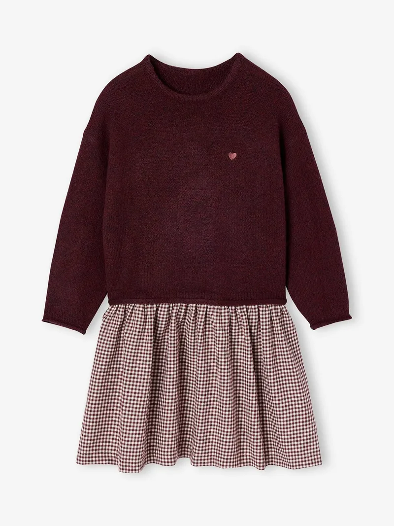 Vertbaudet 2-in-1-Kleid mit Strickoberteil Mädchen, Pflaume/vichykaro, – Produktbild 1 von 4