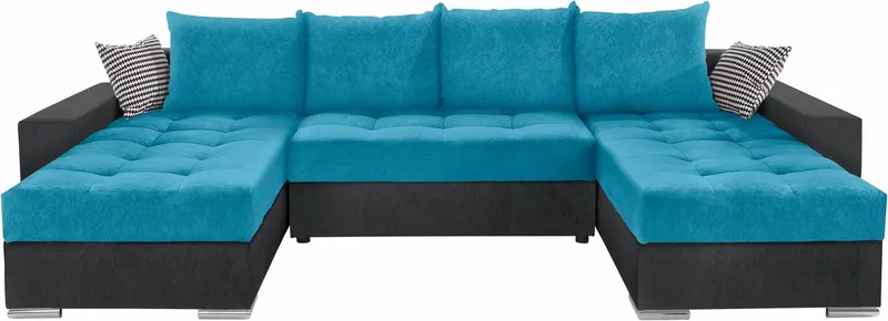 COLLECTION AB Wohnlandschaft Josy XL U-Form, Breite: 313 cm, Liegefl. 137x266 cm, Schlaffunktion, Bettkasten & 2 Zierkissen, Federkern, Blau|grau, – Produktbild 3 von 5