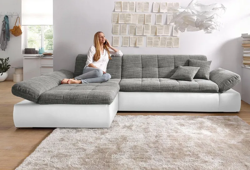DOMO collection Ecksofa MORIC 300x172 cm, XXL-Sofa mit viel Platz, L-Form, auch in Cord, wahlweise mit Bettfunktion und Armteilverstellung, Grau|weiß, – Produktbild 2 von 8
