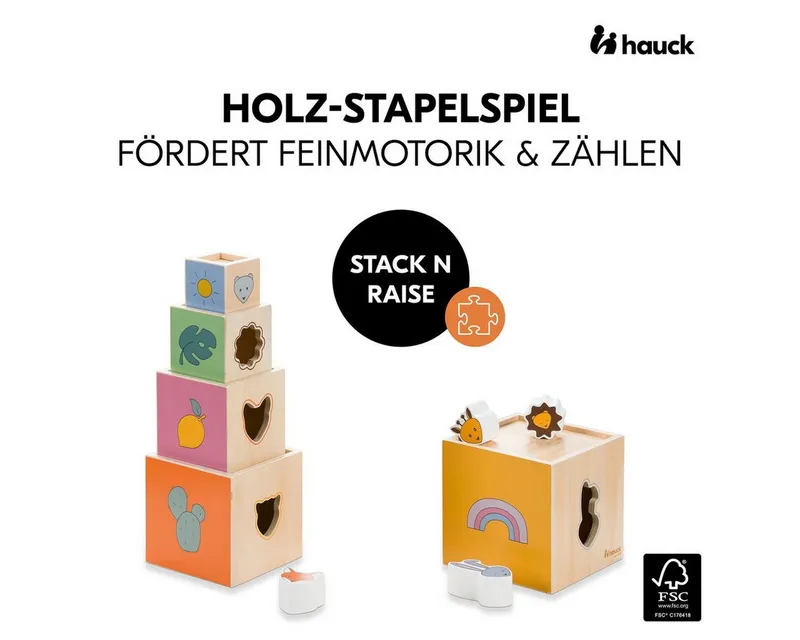 Hauck Hauck Steckspielzeug Stack N Raise, Stapelspiel Holz Stapelturm Stapelsteine Motorikspielzeug ab 1 Jahr, Bunt, – Produktbild 2 von 5
