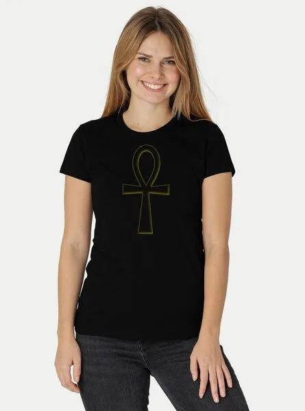 Peaces.bio - handbedruckte Biomode Peaces.bio - handbedruckte Biomode Damen Fit T-Shirt Ankh, Schwarz, – Produktbild 2 von 2