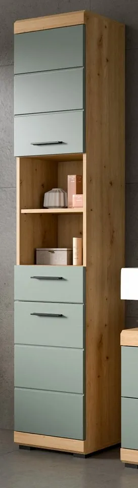 Inn.Furn Hochschrank Shawn (Badschrank in Salbei und Artisan Eiche, 2-türig, 37 x 191 cm) 6 Fächer, mit Vollauszug, Beige, – Produktbild 2 von 5