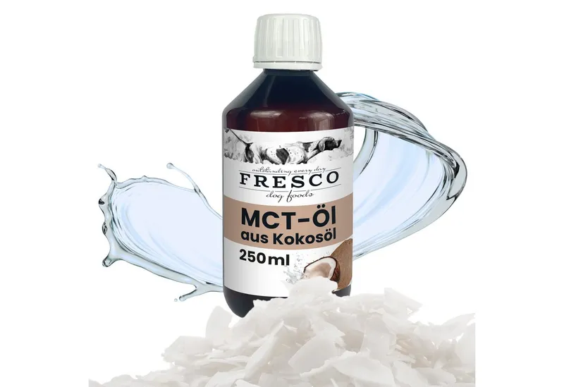 Fresco Dog MCT Öl für Hunde 250ml, BARF Öl Hund mit C8 und C10, Nahrungsergänzungsmittel für: Kleintiere, Katzen, Hunde, Für Senioren & aktive Hunde, Geschmacks- und geruchsneutral – Produktbild 1 von 3
