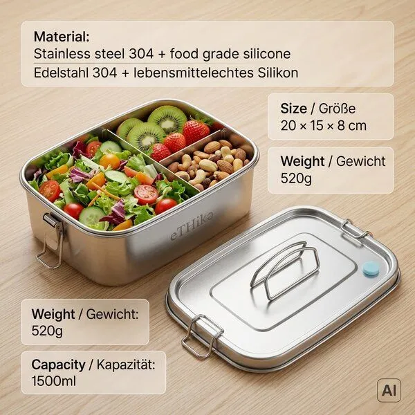 eTHikǝ eTHikǝ Premium Edelstahl Lunchbox 1500ml mit Klappgriff & Zwischenschale / Multi-Zone Stainless Steel Lunchbox 1500ml with Folding Handle & Tray – Produktbild 1 von 3