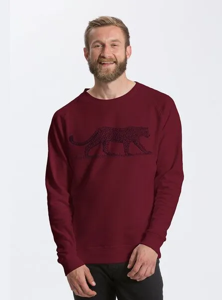 Peaces.bio - handbedruckte Biomode Peaces.bio - handbedruckte Biomode Bio Herren-Sweatshirt Leopard, Bordeaux, – Produktbild 1 von 2