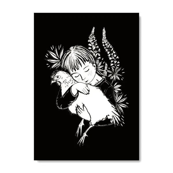 roots of compassion roots of compassion Kunstdruck Poster chicken hug - handillustriert | 100 % Recyclingpapier - Tiere, Huhn, vegan – Produktbild 1 von 2