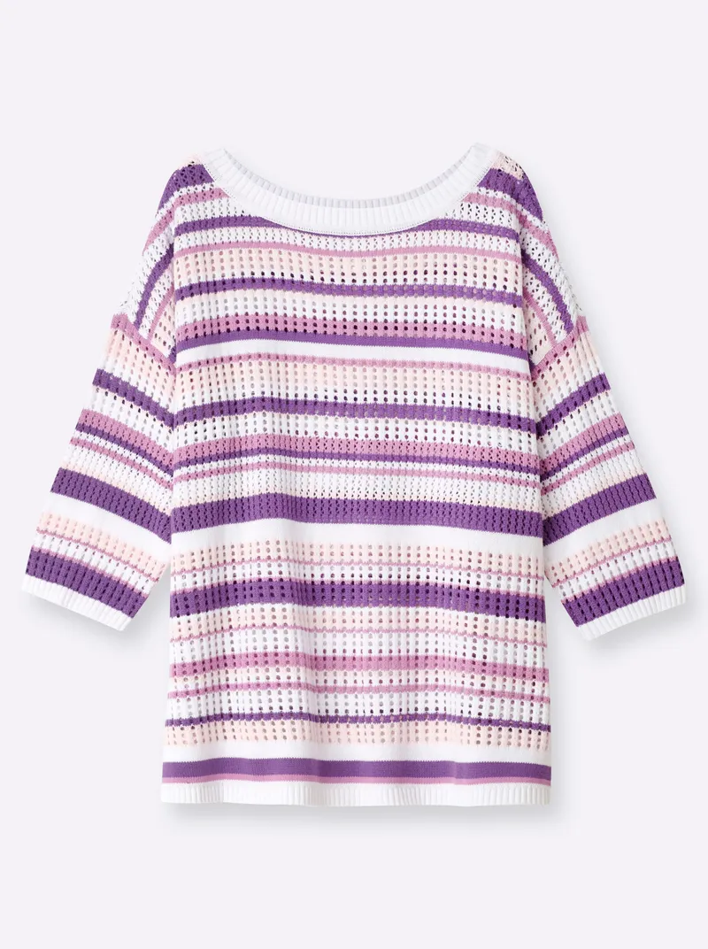 sheego 3/4-Arm-Pullover, Orchidee-weiß-geringelt, – Produktbild 2 von 2