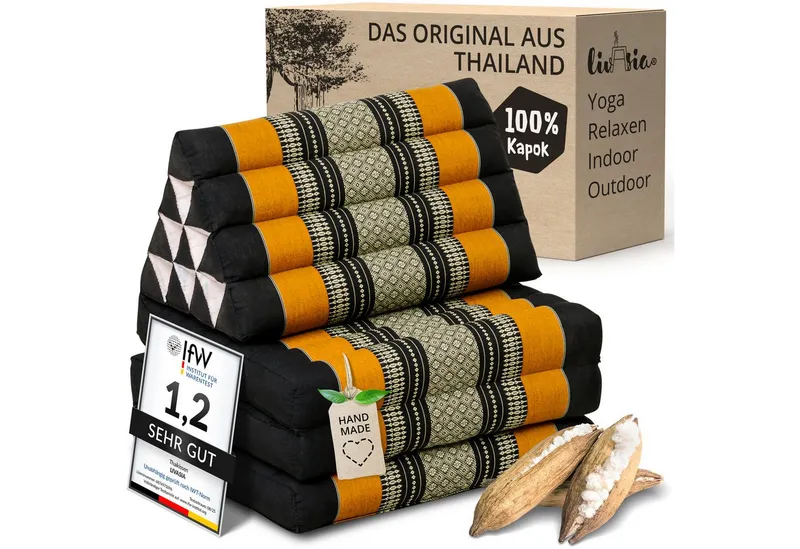 livasia Sitzsack Thaikissen 3 Auflagen (Classic) vegan und handgefertigt, 175x50x8cm, Kapok, Orange|schwarz, – Produktbild 1 von 5