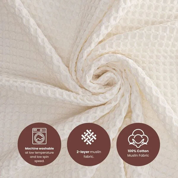 Bebekevi Bebekevi Babydecke Waffel-Musselin 85 × 105 cm | 100 % Baumwolle | 2-lagig | mit Fransen, Naturweiß, – Produktbild 3 von 4