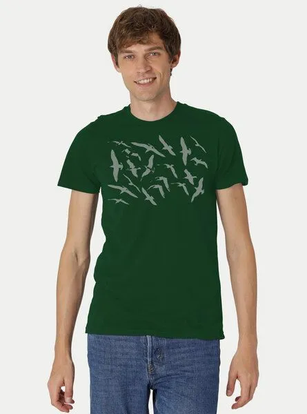 Peaces.bio - handbedruckte Biomode Peaces.bio - handbedruckte Biomode Fit T-Shirt Möwen Herren, Flaschengrün, – Produktbild 1 von 2