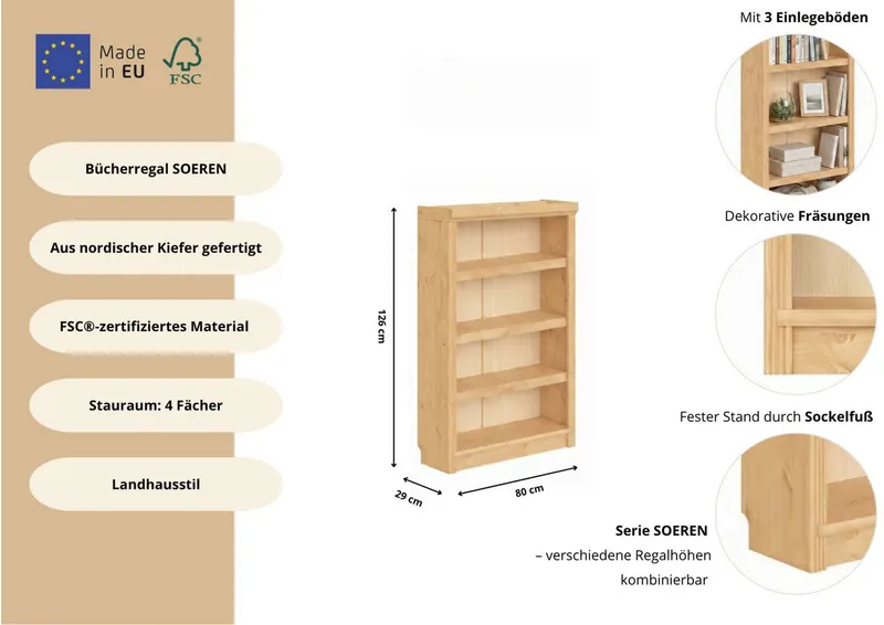 OTTO home Bücherregal Soeren, aus massiver Kiefer, Tiefe 29 cm, FSC®-zertifiziert, Beige, – Produktbild 1 von 8