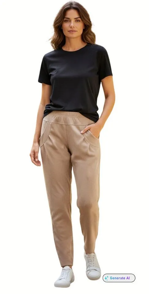 Stehmann Schlupfhose Stehmann, Schlupfhose Rachell2-680 aus veganem Wildleder Veganes Wildleder, Faltendetails an Taschen und Saum, Beige, – Produktbild 1 von 2