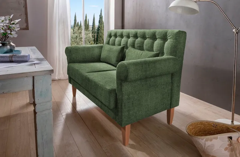 Home affaire Küchensofa Scalea Breite 157cm, Komfortsitzhöhe 55cm, Knopfheftung im Rücken, inkl. 2 Stk. Zierkissen, in verschiedenen Stoffen und Farben, Grün, – Produktbild 3 von 5