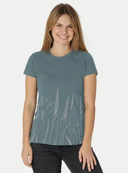 Peaces.bio - handbedruckte Biomode Peaces.bio - handbedruckte Biomode Damen Fit T-Shirt Gräservielfalt, Petrol, – Produktbild 2 von 2