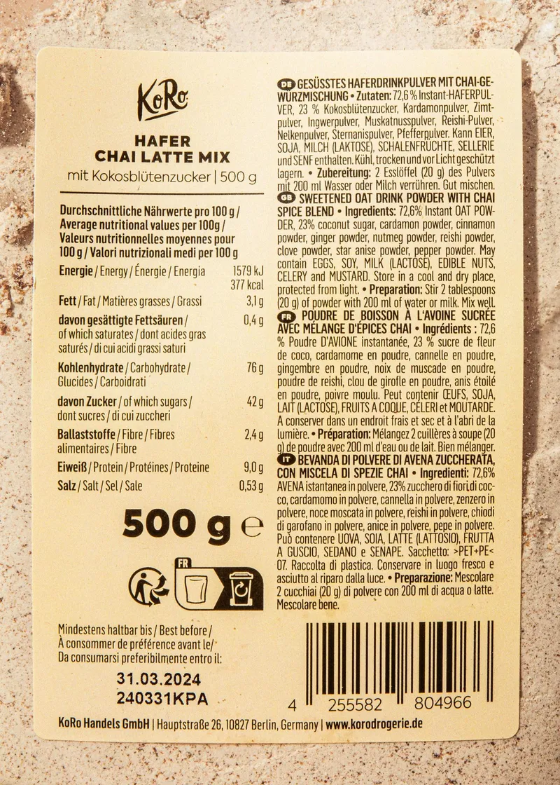 KoRo Chai Latte Mix auf Haferdrinkbasis 500 g – Produktbild 3 von 5