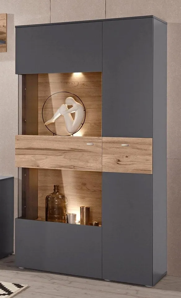 FORTE Vitrine Como Highboard, LED Beleuchtung Einlegeböden, Glastüre, Soft Close, Grau, – Produktbild 4 von 8