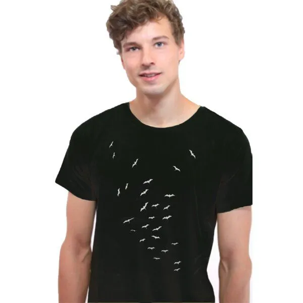 Spangeltangel Spangeltangel T-Shirt "Vogelschwarm", bedrucktes Herrenshirt, Siebdruck, Bio-Baumwolle, Schwarz, – Produktbild 1 von 2