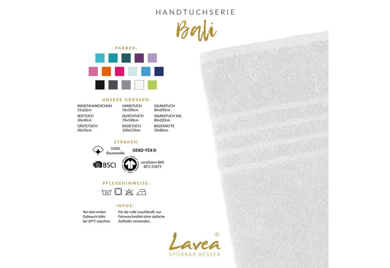 Lavea Badetuch Bali Duschtuch 100x150 cm Duschtuch 70x140 cm, Weiches Bio-Baumwollfrottee (1-St), Handtuch, GOTS-zertifiziert, extra saugstark mit 500g/m², Weiß, – Produktbild 3 von 5