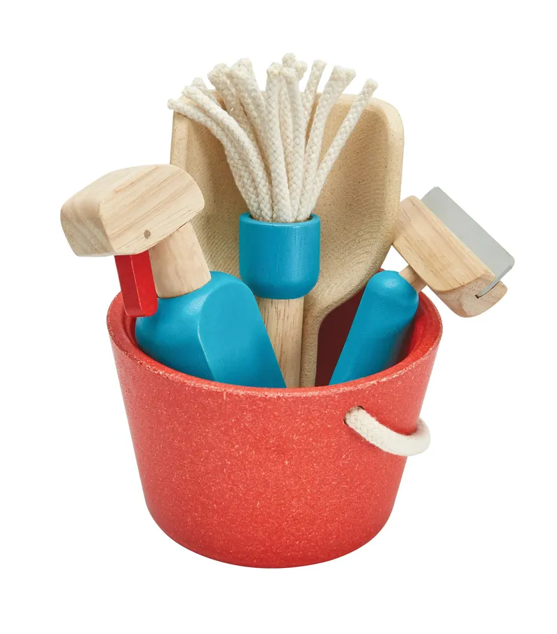 PlanToys PlanToys Kinder Hausputz Set aus Kautschukholz Maße 12,5 x 23 cm, Natur, rot, blau, – Produktbild 4 von 5