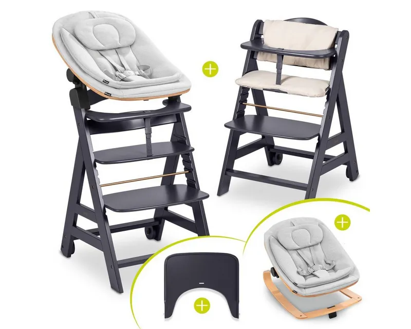 Hauck Hauck Hochstuhl Beta Plus Dark Grey Newbornset Eco - Light Grey (Set), Holz Babystuhl ab Geburt mit Neugeborenensufsatz, Sitzkissen, Essbrett, Grau, – Produktbild 1 von 5