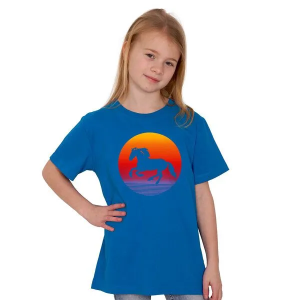 HANDGEDRUCKT HANDGEDRUCKT "Sunsethorse" Unisex Kinder-T-Shirt, Brightblue, – Produktbild 1 von 3