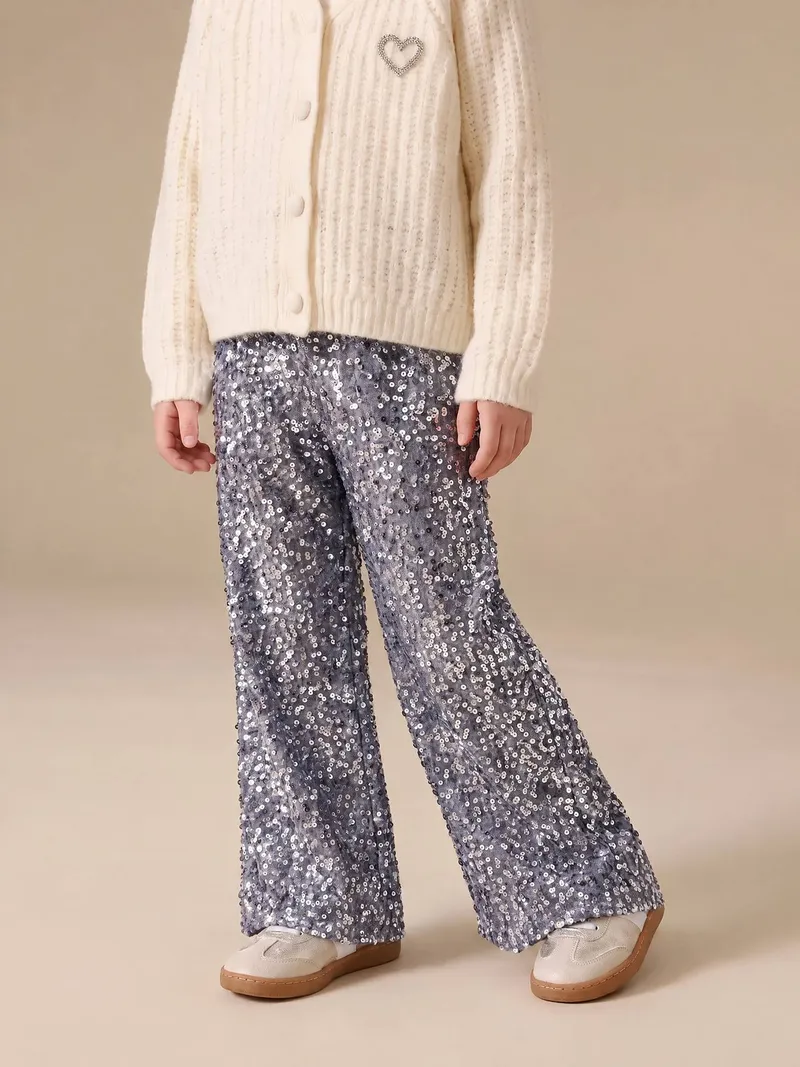 Vertbaudet Vertbaudet Weite Pailletten-Hose mit Jerseyfutter und Dehnbund Mädchen, Silber, – Produktbild 1 von 4