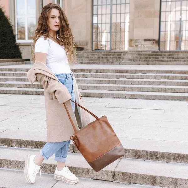 BOWLEANIES TASCHEN BOWLEANIES TASCHEN Shopper & Umhängetasche aus Lederfaserstoff mit Reißverschluss, Braun & dunkelbraun, – Produktbild 2 von 4