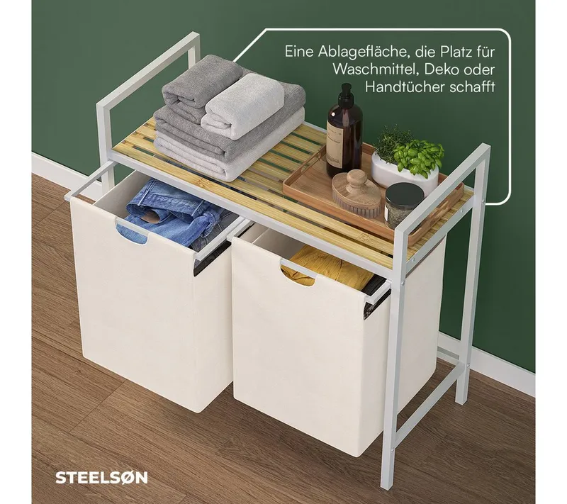 STEELSØN Wäschekorb Rigil aus Metall (2 Fächer (90 L) mit 1 Bambus-Ablage, weiß), auch verfügbar mit 3 oder 4 Fächern, ausziehbar & abnehmbar, Weiß, – Produktbild 4 von 5