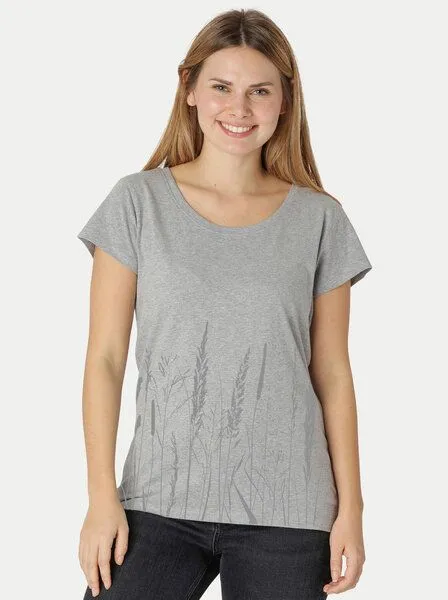 Peaces.bio - handbedruckte Biomode Peaces.bio - handbedruckte Biomode Bio-Damen-Loosefit-T-Shirt Gräservielfalt, Hellgrau, – Produktbild 1 von 3