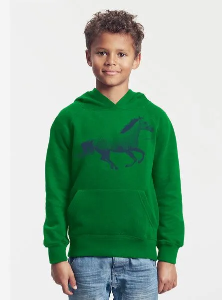 Peaces.bio - handbedruckte Biomode Peaces.bio - handbedruckte Biomode Bio-Kinder-Kapuzen-Sweatshirt "Horsepower", Grün, – Produktbild 2 von 2
