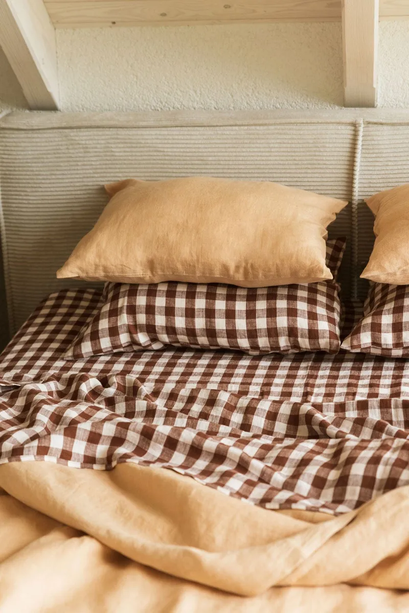 AmourLinen AmourLinen unisex vegan Set Bettlaken Mocha Gingham, Braun, – Produktbild 1 von 2