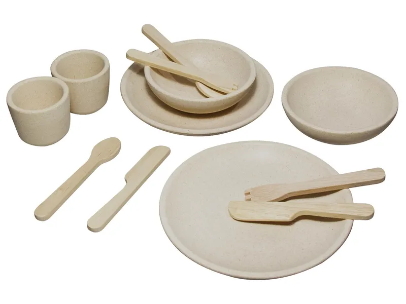 PlanToys PlanToys Geschirr Set für die Kinderküche aus recyceltem Kautschukholz Durchmesser 16 cm, Höhe 1,9 cm, Natur, – Produktbild 2 von 2