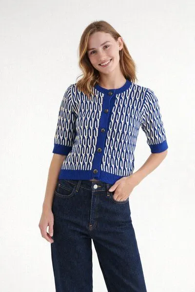 Basic Apparel Basic Apparel Kurzarm Cardigan MINIE aus Bio-Baumwolle, Blau-gestreift-sodalite-whisper-white, – Produktbild 1 von 3