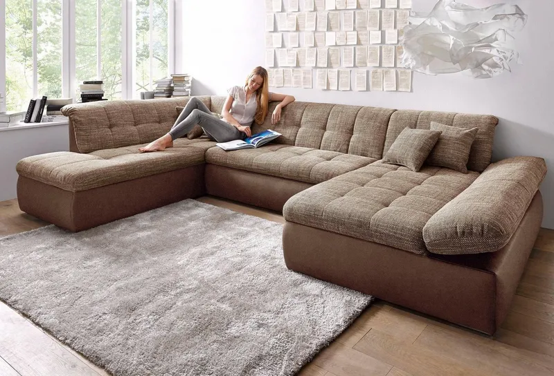 DOMO collection Wohnlandschaft MORIC 353x216x80 cm, mit viel Platz, U-Form, auch in Cord, im XXL-Format, wahlweise mit Bettfunktion und Armlehnenverstellung, Beige|braun, – Produktbild 2 von 8