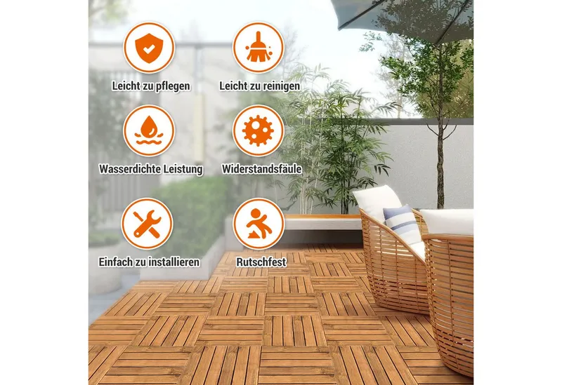 Clanmacy Holzfliesen 11-110 Stück erhältlich Terrassenfliesen, Akazien-Holz, Garten - 44st, 44er Set, 44 St., 30x30cm = 1qm pro Fliese, rutschfest, Stecksystem, langlebig – Produktbild 3 von 5
