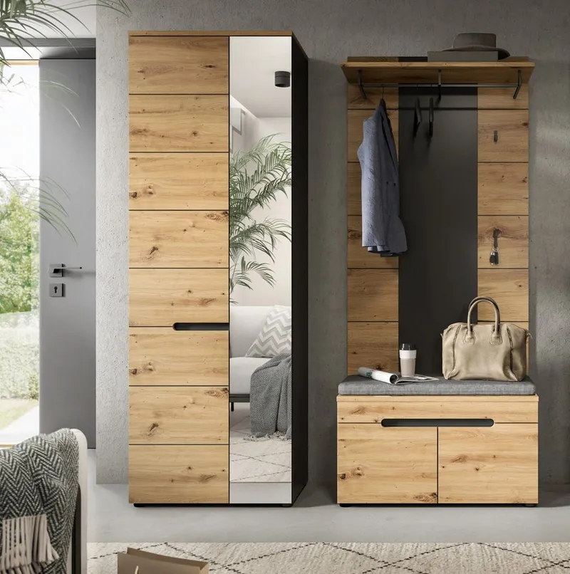Inn.Furn Garderoben-Set Cooper, (Flurgarderobe in Eiche Artisan und Basalt grau, 3-teilig, 160 x 195 cm), mit Soft-Close-Funktion, Beige, – Produktbild 4 von 5