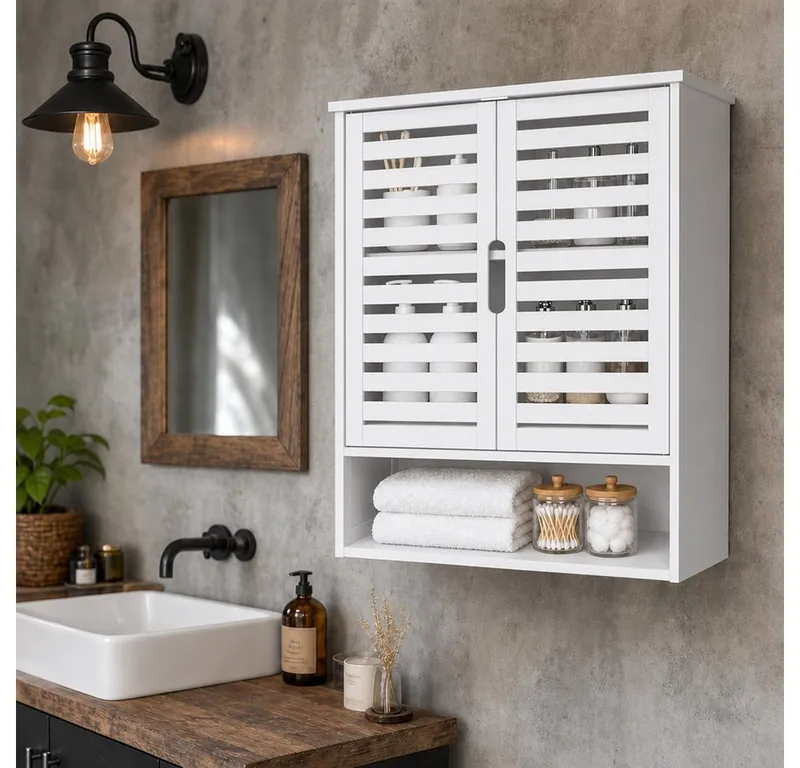 JEOBEST Hängeschrank Badschrank, Bambus Badezimmerschrank, Wandregal (1-St) Platzsparend, Wandschrank mit Doppeltüren, Weiß, – Produktbild 2 von 5